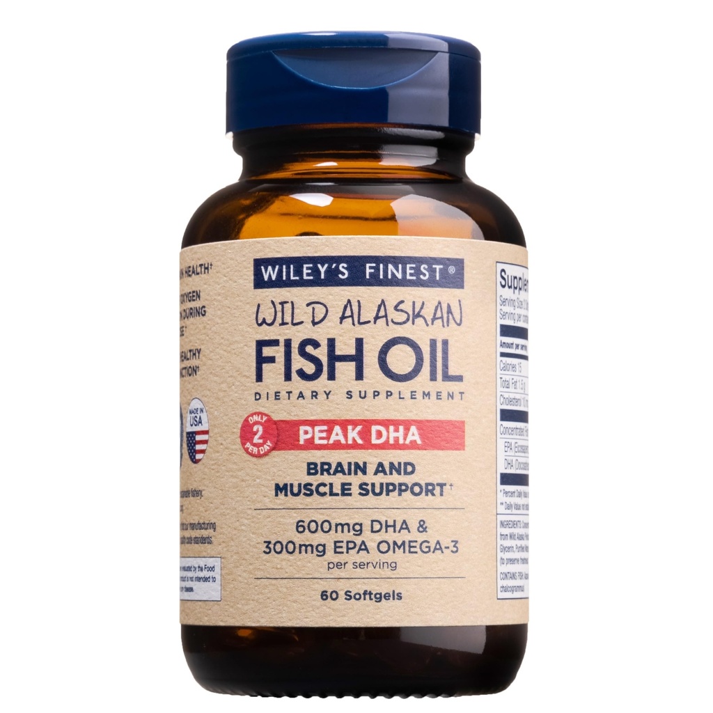 Wiley's Finest Wild Aljašský rybí olej Peak DHA - 900mg EPA a DHA Omega-3s - 60 Softgels (30 slúžiace)