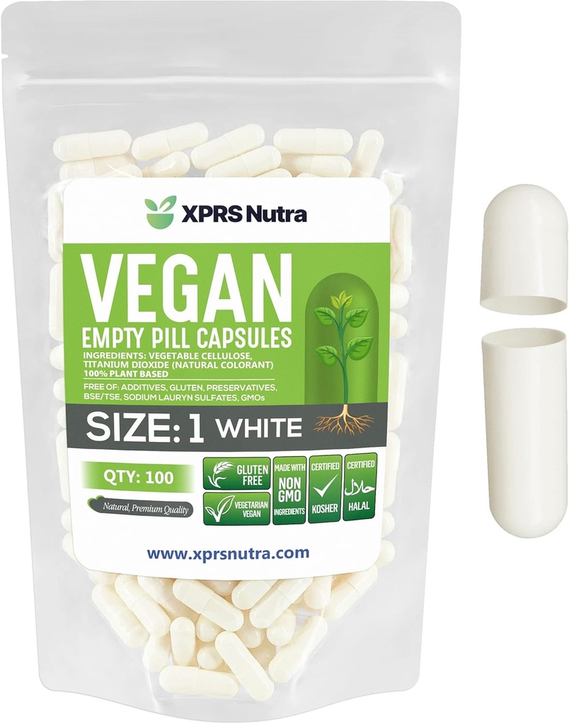XPRS Nutra Veľkosť 1 prázdne kapsule - 100 Počet prázdnych vegánskych kapsúl - Vegetariánske tabletky - DIY Rastlinné kapsule Plniace- Veggie pilulky pre Do-It-Svoje vlastné doplnky (biela)