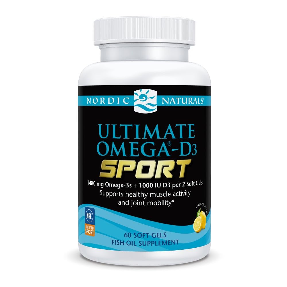 Nordic Naturals Ultimate Omega-D3 Sport, Citrón - 60 Soft Gels - 1480 mg Omega-3 + 1000 IU vitamín D3 - NSF Certified - podporuje svalovú hmotu, kosti, zaostrenie a vytrvalosť - 30 Slúži
