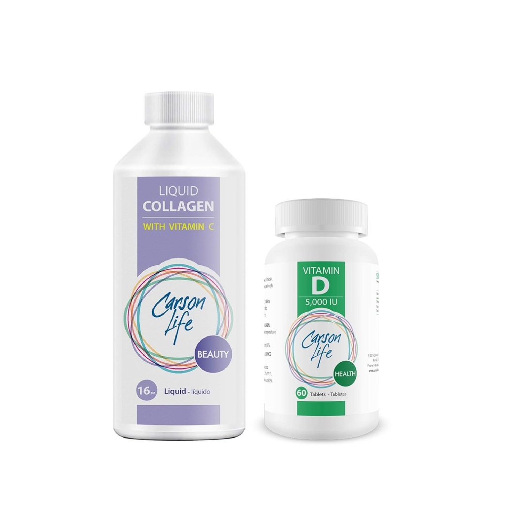 CARSON LIFE - Tekutý kolagén s vitamínom C 1 fľašou, 16 Oz Bundle s vitamínom D doplnok 1 fľaša, 10 000 IU, 60 tabliet pre silné svaloviny, kosti, zuby, proti starnutiu, vlasy kože a nechtov