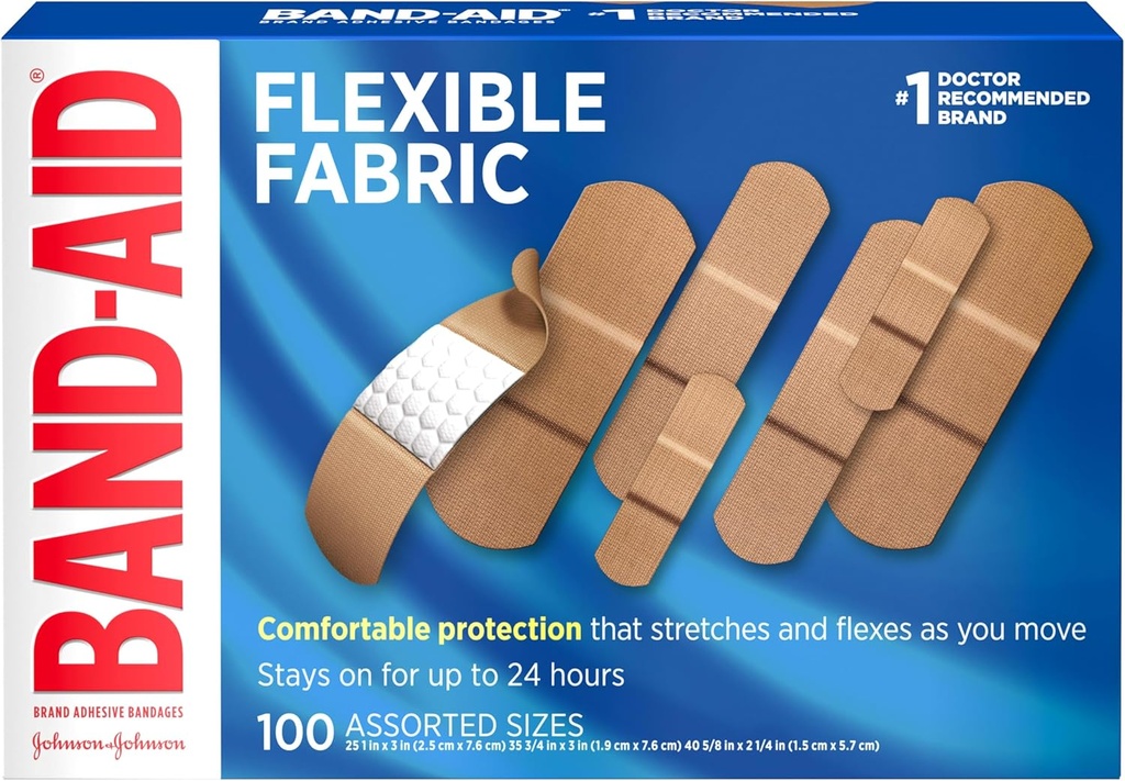 Band-Aid značky Flexibilné tkaniny adhezívne pásy pre starostlivosť o rany a prvej pomoci, rozmanité veľkosti, 100 ct