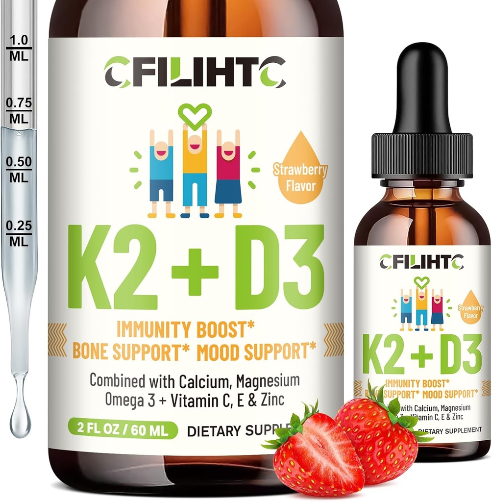 Vitamín D3 K2 kvapky pre deti - Omega 3, vitamín E, vápnik, horčík a zinok pre lepšiu absorpciu - Tekuté MK7 1000 IU D3 pre zdravé kosti, zuby a srdce - non-GMO, 2 Fl Oz