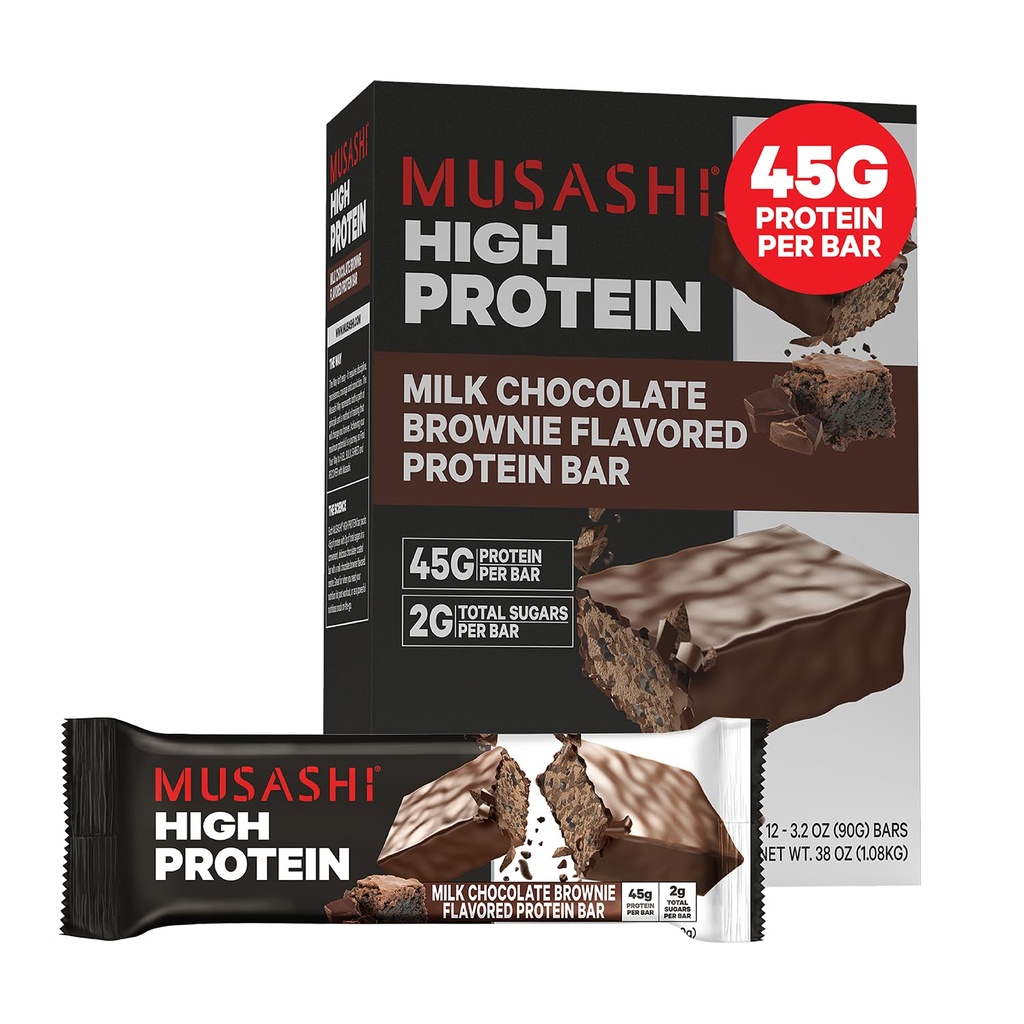MUSASHI High Protein Bar, 45g Protein, 2g Total Sugars, Milk Chocolate Brownie, Post Workout a Protein Snack On The Go, 12 Balenie po 3,2oz (90g) Bars