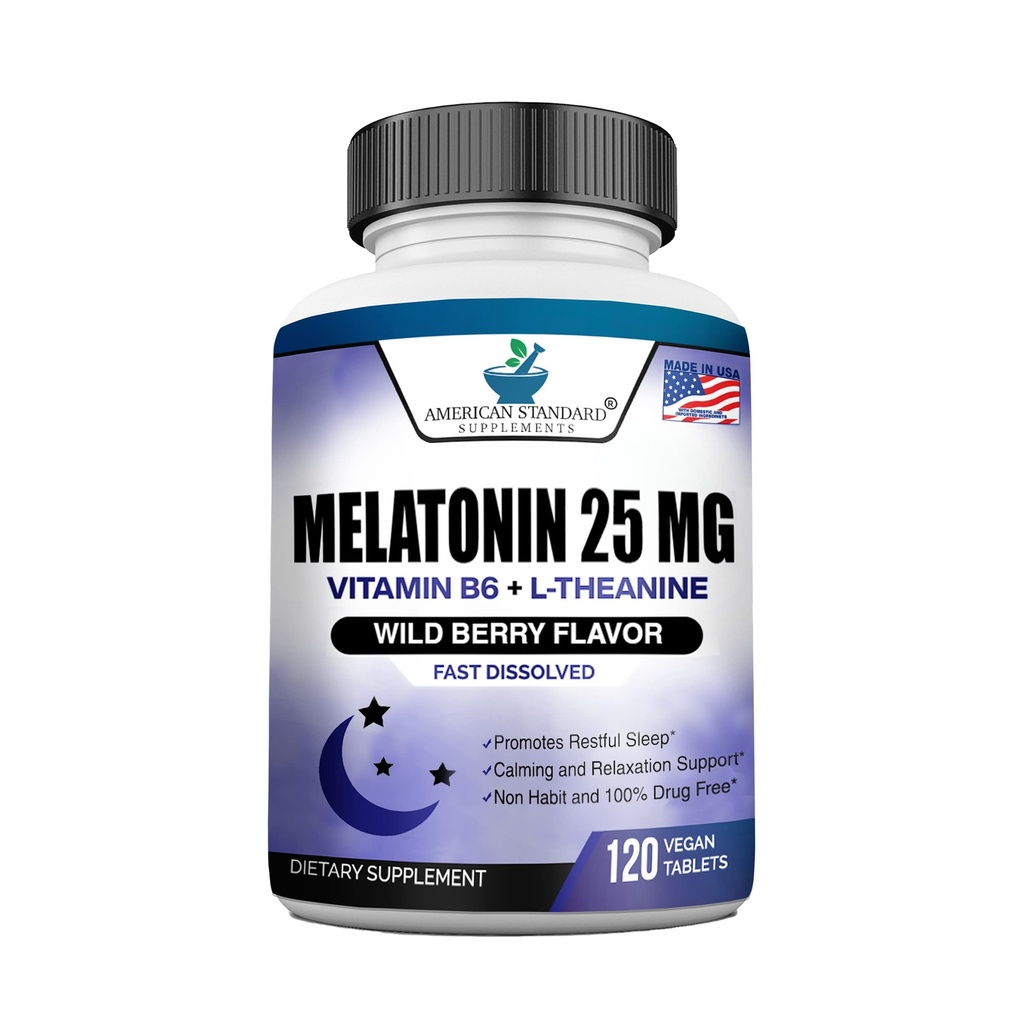 Melatonín 25 mg na jednu tabletu, 120 žuvacia tableta s L-theanínom a vitamínom B-6, podporuje zdravý spánkový cyklus, podporuje pokojný a pokojný spánok, Vegan, NON GMO, Made In USA