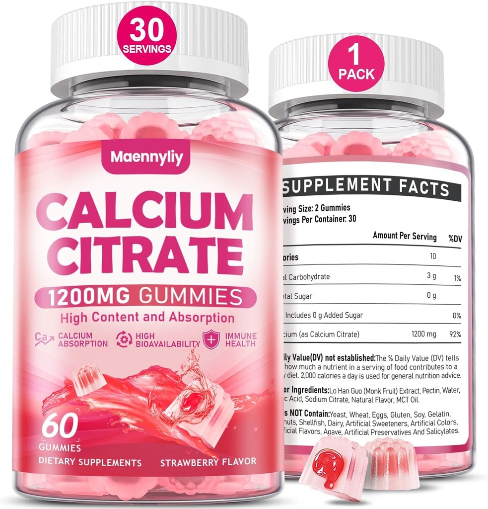 Dusičnan vápenatý 1200 mg pre dospelých: Ultimate Absorbtion Calcium Supplement for Women & Men - Easy to Digest, Vegan, Non-GMO, Gluten Free - Natural Strawberry Flavor