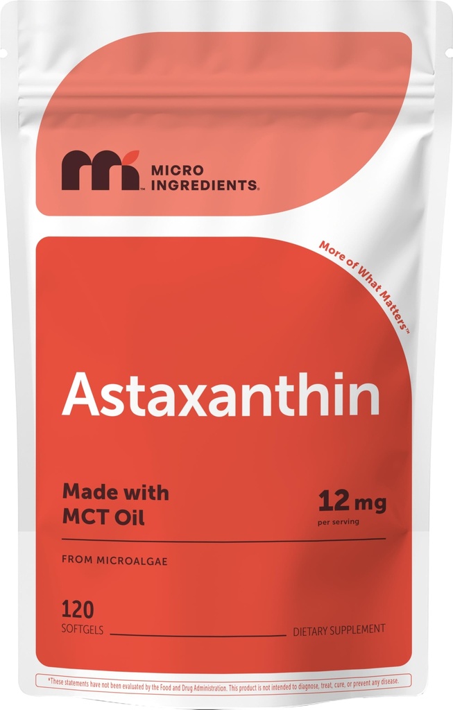 Micro Ingredients Astaxantin 12mg with MCT Oil, 120 Softgels, 4 Memory Supply 