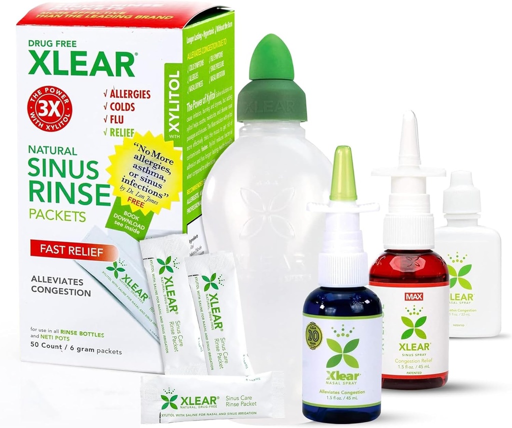 Xlear Allergy Relief Kit, Allergy Rescue Kit po celý deň vrátane Xlear Nosal Spray s Xylitol, Xlear MAX Nasal Spray, Xlear Nasal Rinse Neti Pot a 50 Refill pakety