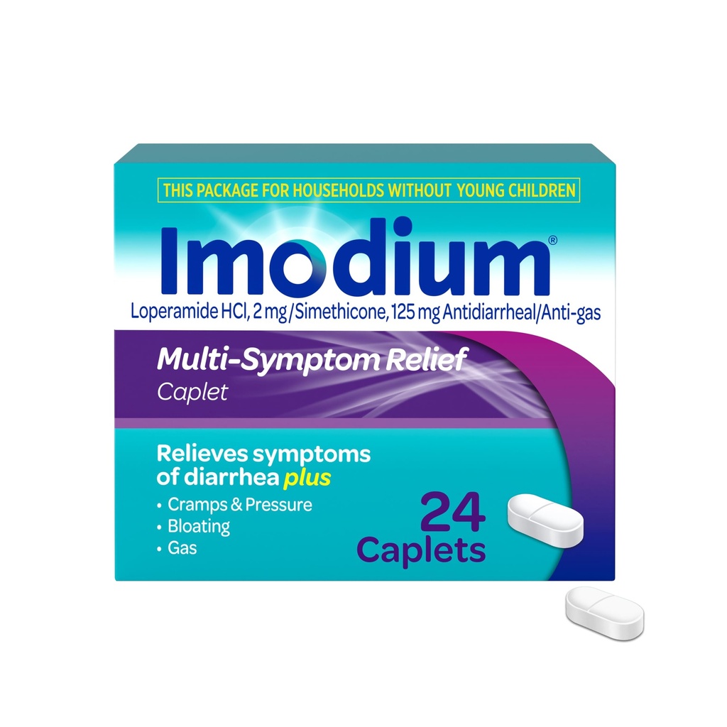 Imodium Multi- Symptom Relief Caplets with Loperamide Hydrochloride & Simeticone, Anti- Diareale Medicine for Treasury, Gas, Bloating, Cramps & Pressure, Easyer to Open, 24 ot
