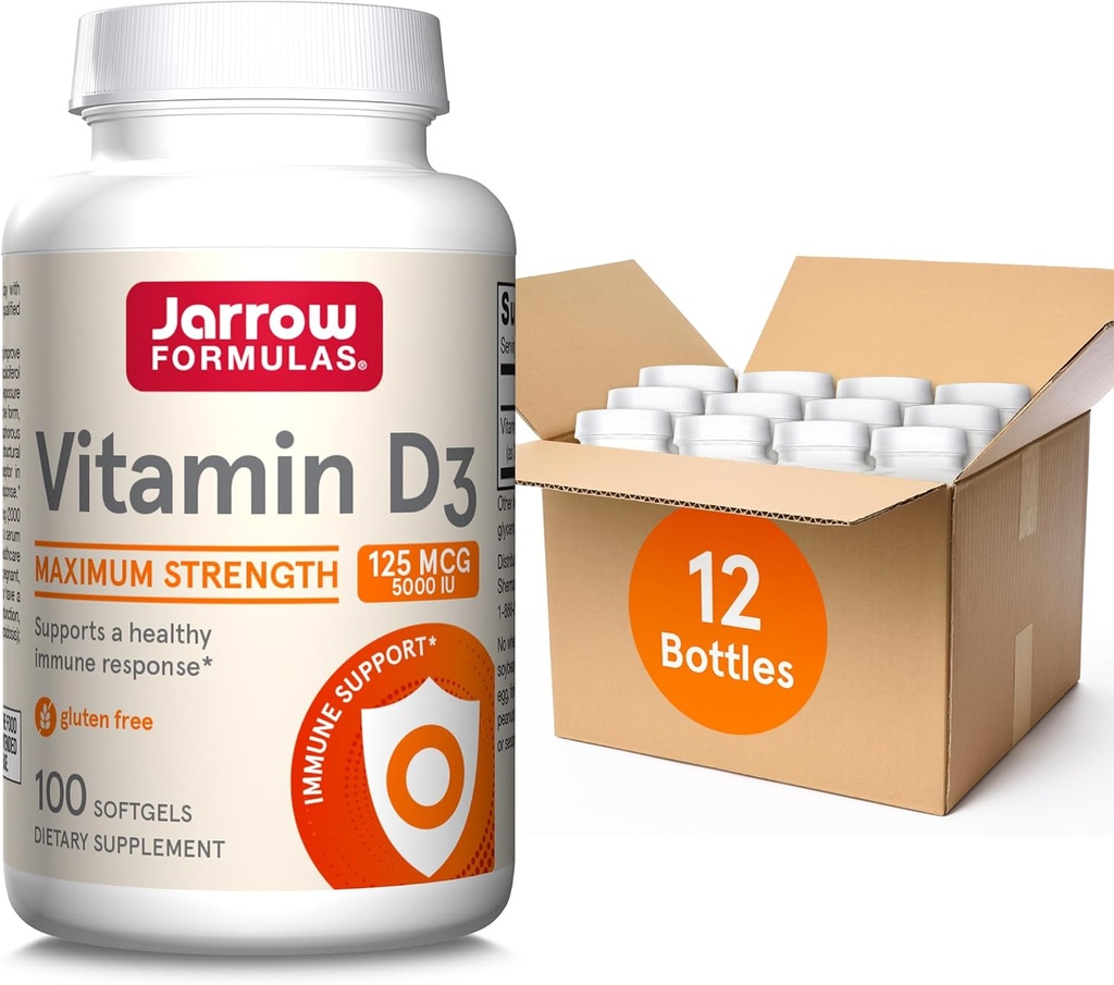 Jarrow Formulas Vitamín D3 125 mcg (5 000 IU) - 100 Slúži (Softgels) - Zdravie kostí, Imunitná podpora a podpora metabolizmu vápnika - Vitamín D doplnok - D3 Vitamíny - 5000 IU Vitamín D (Stock of 12)