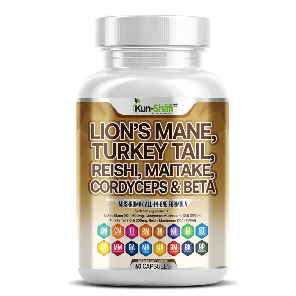 Lions Mane 3000mg 20in1 Huba Supplement with Turkey Tail 2000mg Reishi 1000mg Cordyceps Chaga 1000mg Maitake Meshima Poria Cocos Shiitake Oyster Porcini Enoki 60 Count