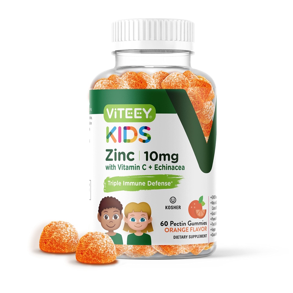 Viteey Zinok pre deti Gummies 10mg, s vitamínom C a Echinacea - Imunitná podpora, Výkonný prírodný antioxidant, Deti Zinok Vitamín Supplement - Vegan, Želatína zadarmo - Chutné Chewable Orange Flavor Gummy
