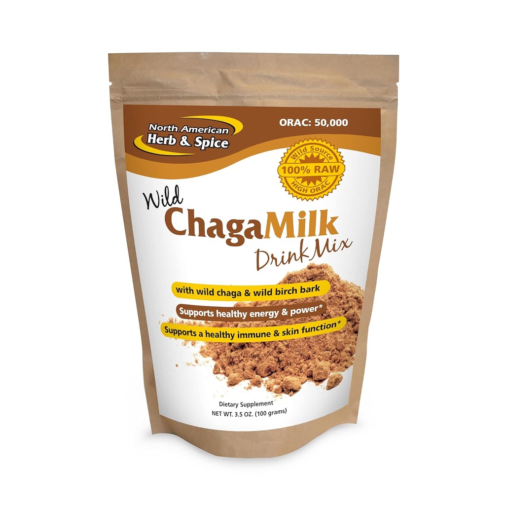 North American Herb & Spice ChagaMilk Drink Mix - 3,5 oz. - Adaptogen, Adrenal Support, Endurance & Stamina - Chaga Wild Mushrom Powder, Celopotravinové byliny - Non-GMO - 36 Servisné služby