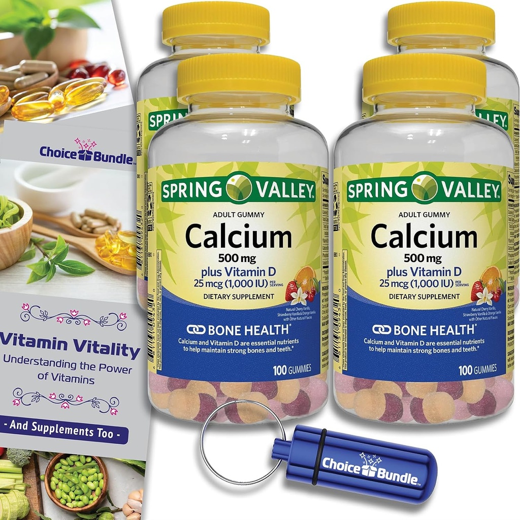 Výber Bundle Jarné údolie Vápnik 500 mg Plus Vitamín D 25 μg Kosť Zdravie Dietetické Doplnok Gumies, 100 Ct 4 ks (400 celkom) + Vitamín Sprievodca a pilulky Kontajner (6 položiek)!