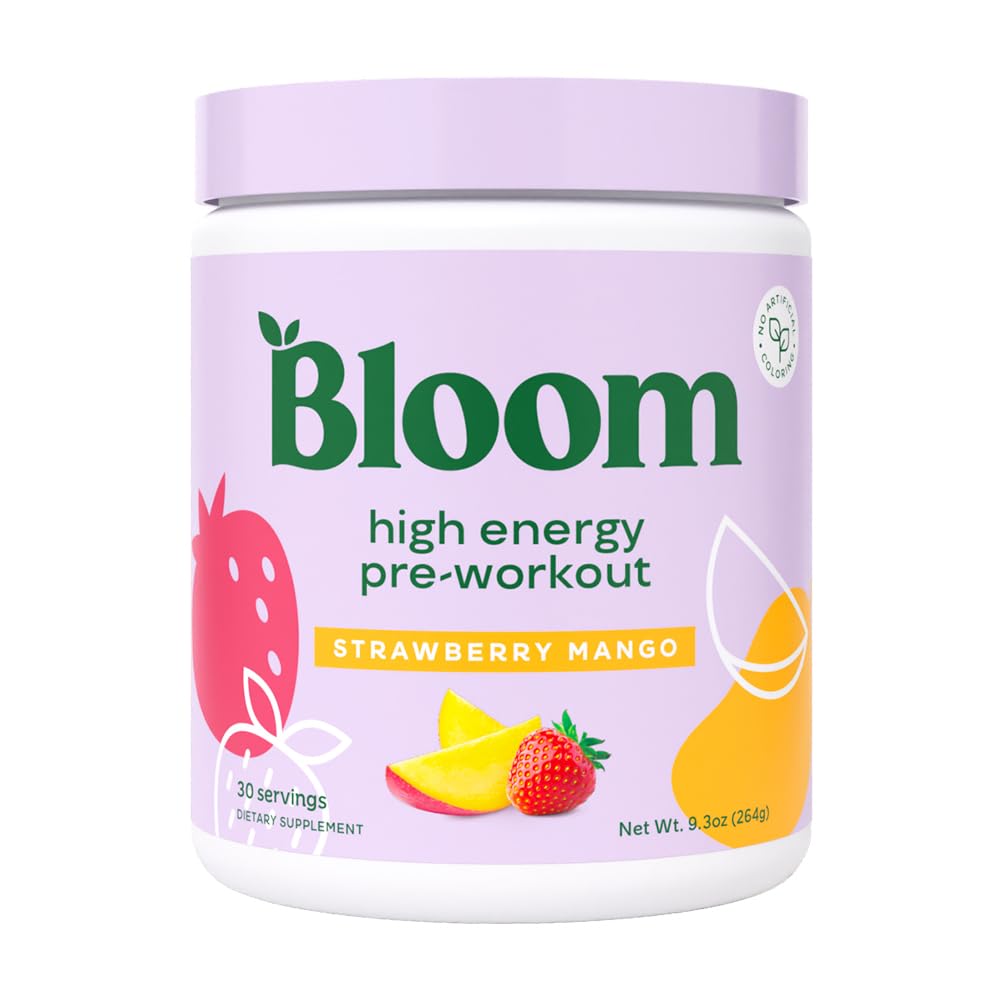 Bloom Nutrition High Energy Pre Cvičenie s Beta Alanyne, Ginseng a L Tyrosine pre Amino Energy, Natural Caffeine Powder from Green Tea Extract, Keto, Sugar Free Drink Mix, Jahodový Mango
