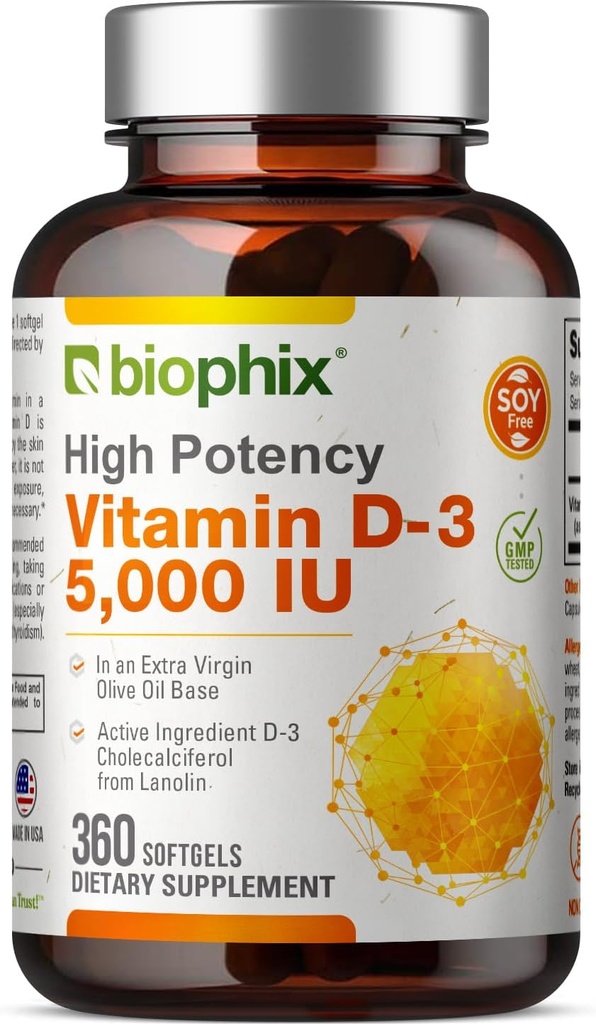 biofilx vitamín D-3 5000 IU 360 softgelov - vysoká potencia v extra panenský olivový olej bez GMO sóje podporuje silné kosti imunitný zdravie