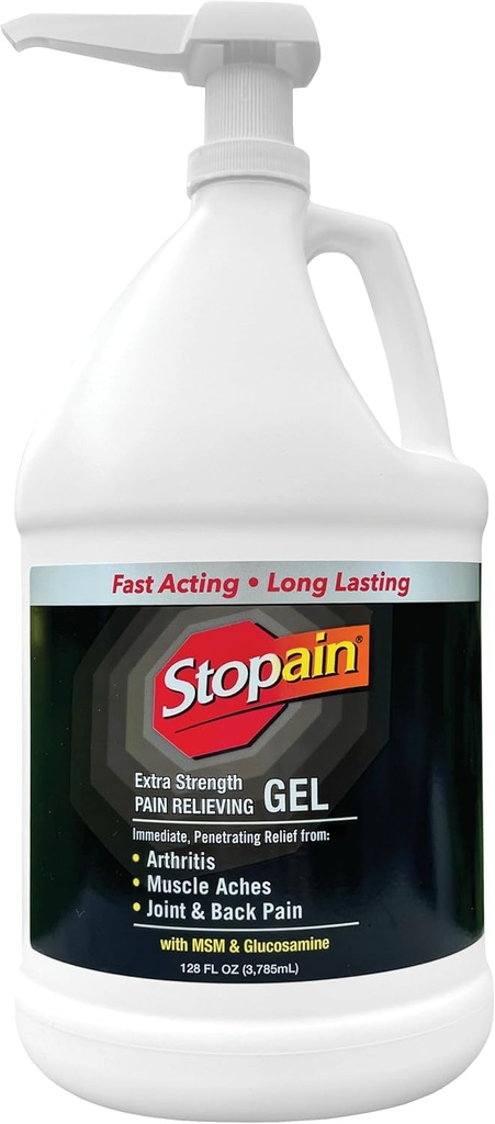 Stopain Pain Relief Gel Gallon, USA Made, Max Strength Fast Acting with Menthol, Glucosamine, MSM for Back Pain, Atritis, Knee, Joint, Neck Pain, HSA FSA Schválený OTC Topical Analgyic Product