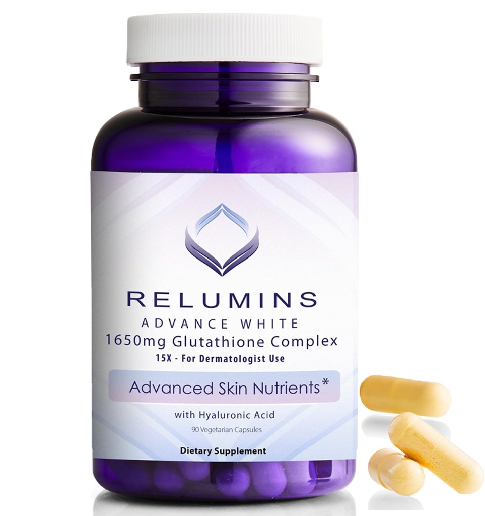 Relumins Glutatión Supplement - 1650mg Redukované Glutatiónové komplexy s kyselinou Alpha Lipoiovou, Rose HIPS, Riboflavín, & Vitamín E, vyrobené v USA - 90 Veggie Kapsule x 1 fľaša - Propriety Blend