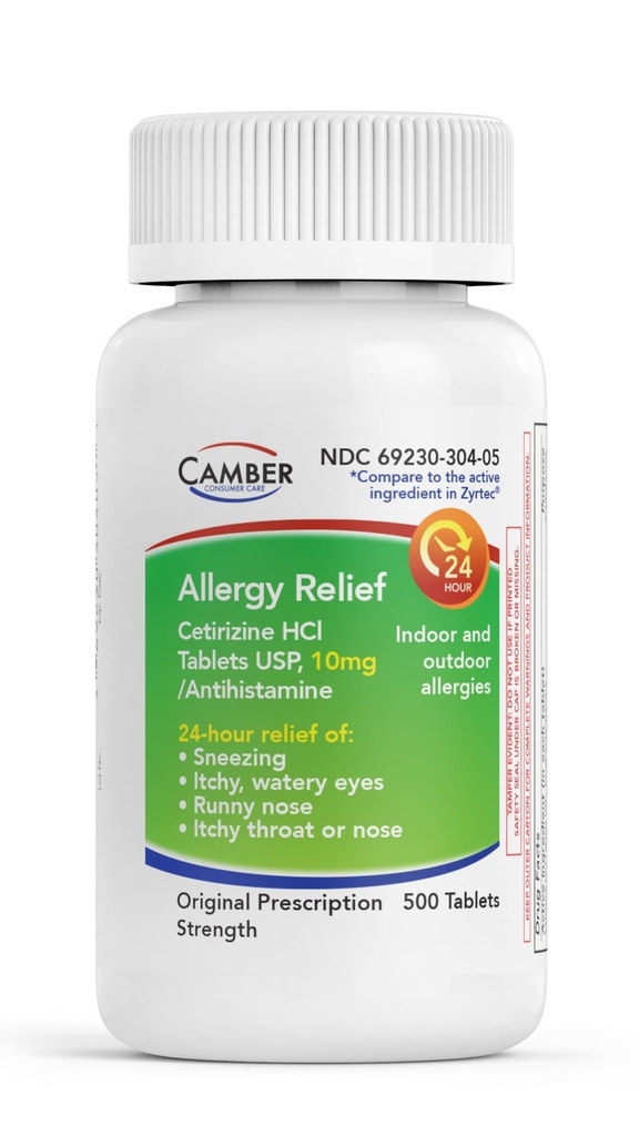 CAMBER FARMACEUTICKÉ LÁTKY, INC Cetirizín HCI 10mg tablety, 24-hodinová úľava od alergie, alergia - 500 gróf