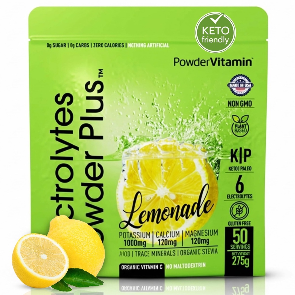 Powder Electrolytes Plus (50 porcií), 0 kalórií Keto, 0 cukru, bez maltodextrínu, 1000 mg draslíka, 120 mg vápnika, 120 mg horčíka, hydratačný prášok (50 porcií, citróna)