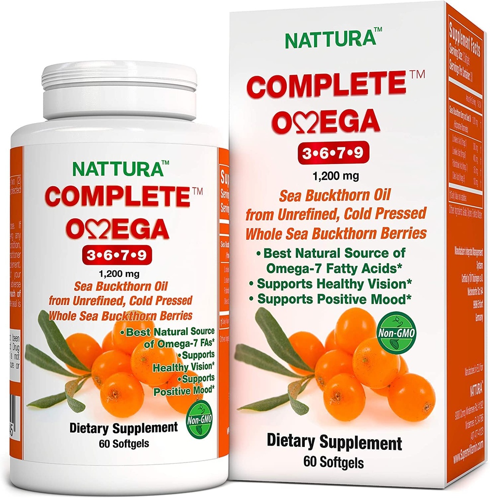 Nattura Complete Omega 3-6-7-9, Pure Sea Buckthorn Oil, European Quality, from Nerafined, Cold Pressed Whole Sea Buckthorn Wild Berries - Non-GMO, Certified Kosher, Gluten-Free 1 fľaša - 60 Kapsule