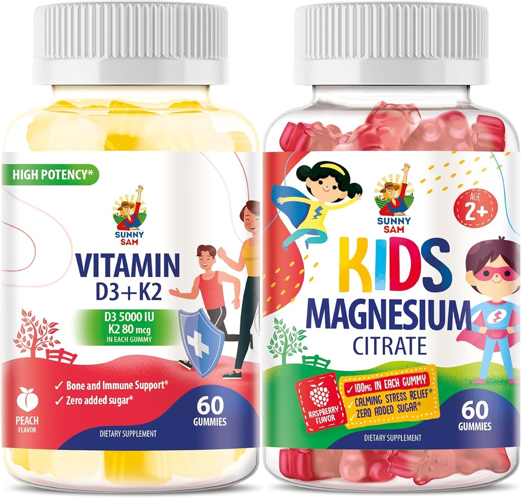 SUNNY SAM vitamín D3 K2 Gummy 5000 IU a horčík Gummy pre deti Dusičnan žuvacie doplnok pre náladu a svalovú podporu