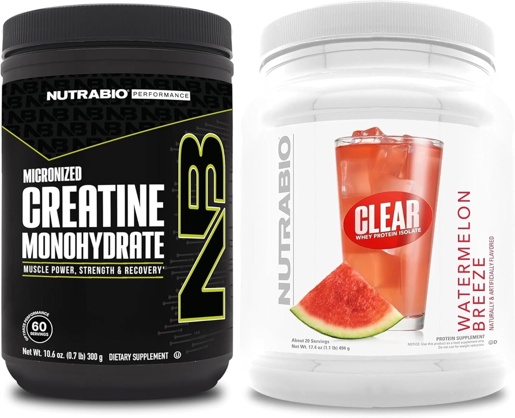 NutraBio Creatin Monohydrate, unflavred, (300 g) and Clear Wheey Protein Isolate, (Watermelon Breeze) Supplement Bundle 