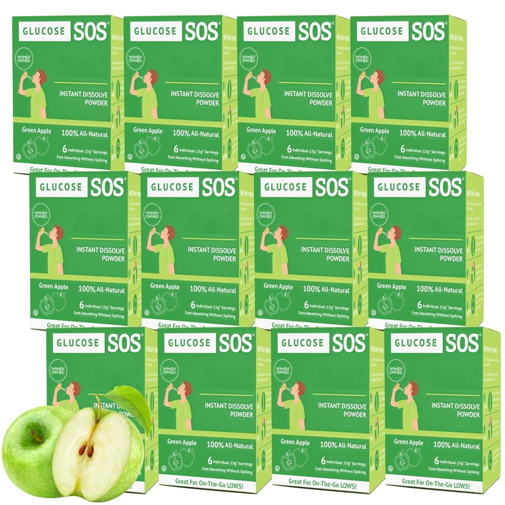 Glukóza SOS Glukóza Prášok Pakety s prírodným Dextróza, Fast-absorpcia To sa okamžite rozpustí v ústach bez vody, zelené jablko 72 slúži