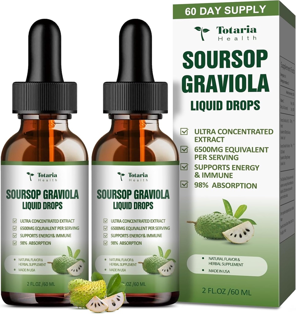 (2 balenia) Pure Soursop Graviola Liquid Drop Podpora Tráviace zdravie kože, spánok a antioxidant - Guanabana Oil Organic Leaf Exact Soursop Bitters Liquid Drops, Natural Flavor, Non-GMO, Vegan, 4 Fl Oz