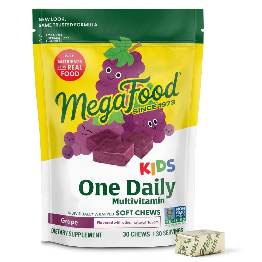 Megafood Kids One Daily Multivitamínové mäkké žuvačky - Deti Vitamíny s vitamínom B, vitamínom C, vitamínom D a vitamínom E - vek 4+, vegetarián, vyrobené bez 9 potravinárskych alergií - hroznová chuť - 30 Žuvačky