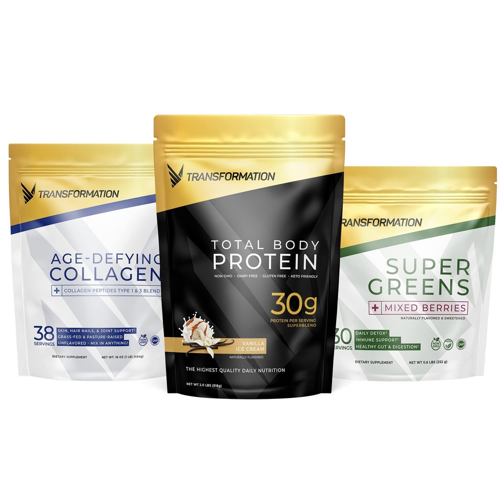 Transformácia Vanilkový proteín prášok 30G Multi-Protein Superblend + Grass-Fed Hydrolyzed Collagen Peptidy prášok- vlasy, koža, nechty + Organic Super Greens Superfood prášok- Immune & Energy Support