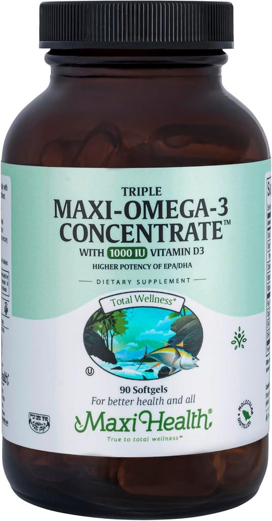 Maxi Health Triple Omega-3 koncentrát - rybí olej - "1000 IU" vitamín D3-90 kapsuly - Kosher