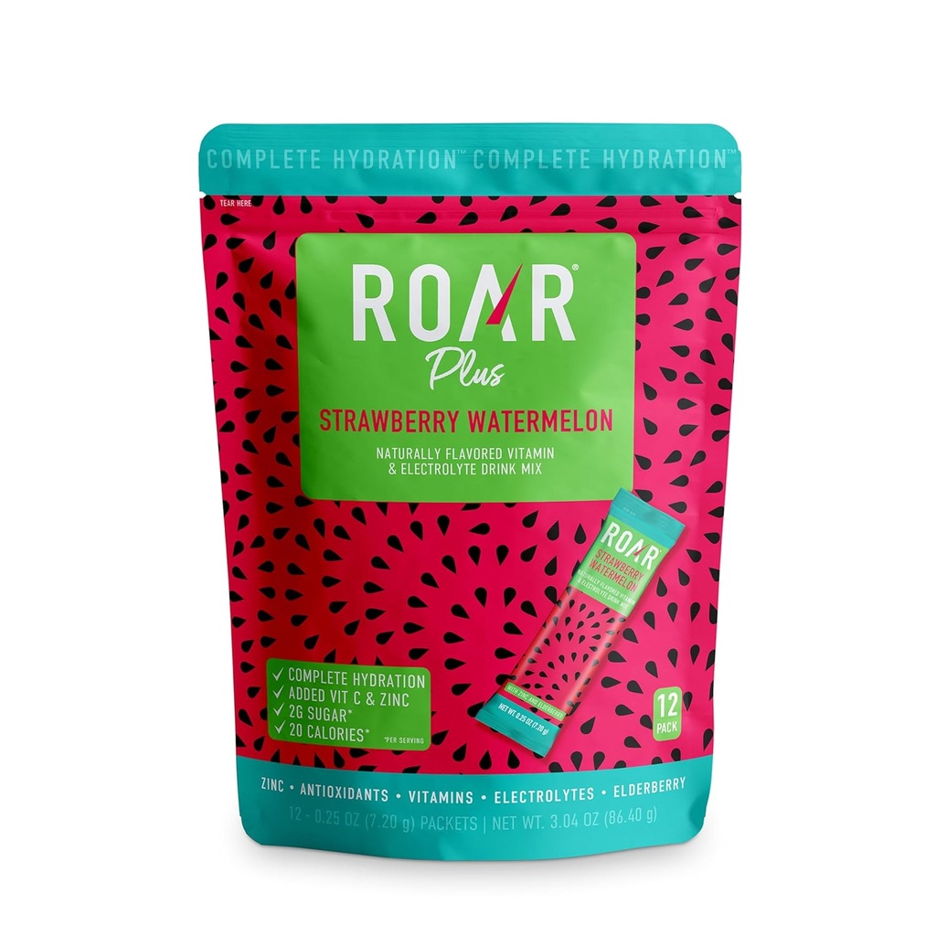 Roar Kompletná hydratačný prášok Plus - Hydračné balíčky so zinkom a bazami - Electrolytes prášok Žiadne GMO, bez lepku - Tropical Twist - 12 ks