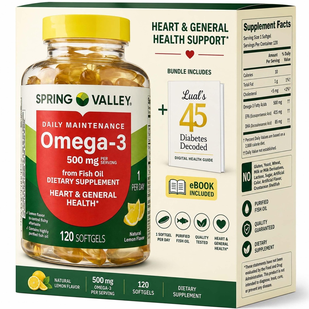 Jarné údolie Omega-3 z rybieho oleja 500 mg 120 Počet, SoftGels, Všeobecné & Heart Dietary Supplement Bundle s Luall 45 Diabetes dekódované