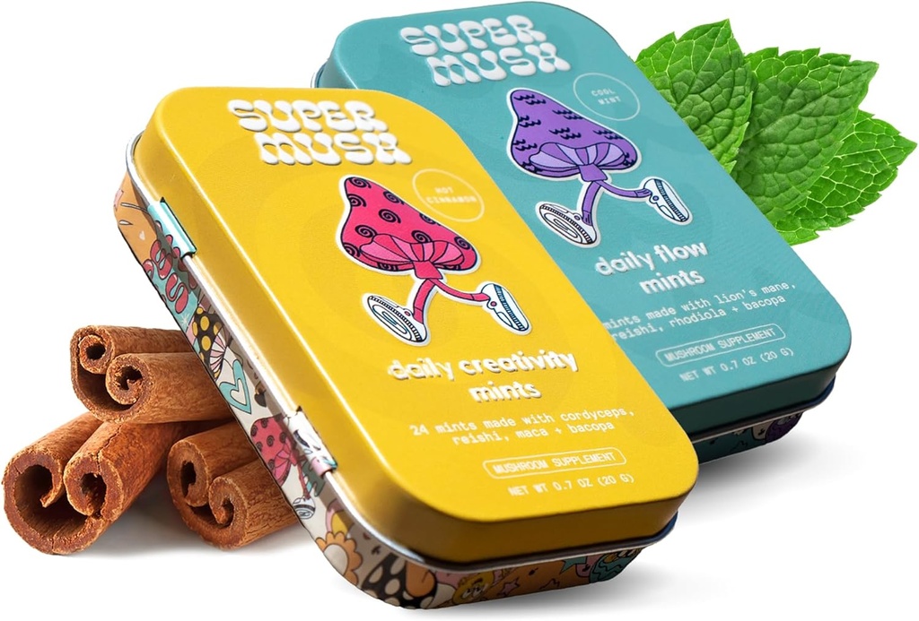 SuperMush Daily SuppleMint - 2 Flow & Focus mincovne + 2 Kreativita a spojovacie mincovne - Supplements Mäta - Lions Mane, Cordyceps a Reishi zmiešané huby
