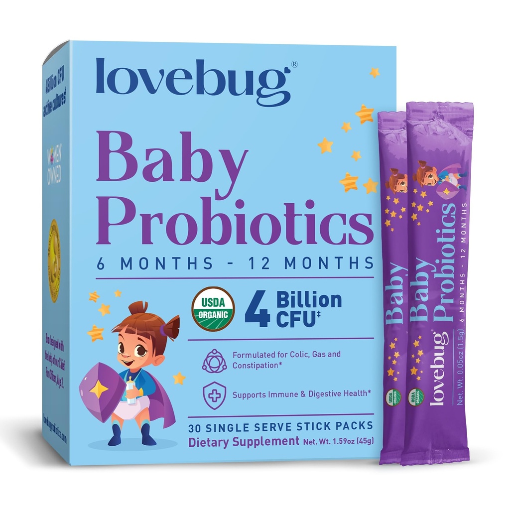 LOVEBUG probiotiká pre deti - Organic Baby Probiotiká 6-12 Mesiace pre detskú imunitnú podporu, plyn, kolík, hnačka a detská zápcha Úľava bez cukru, prášok bez chuti, 30 balení