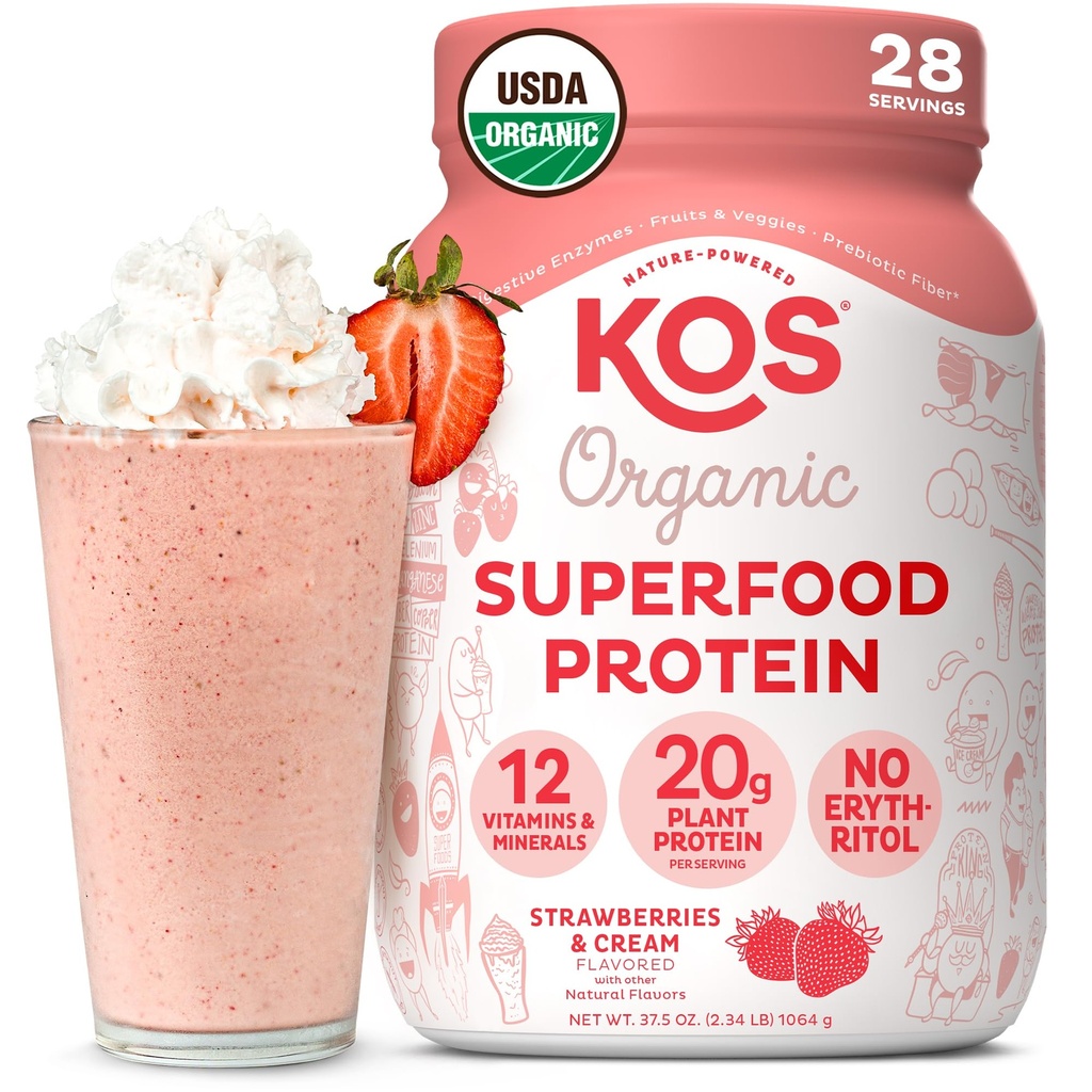 KOS Vegan Protein Powder, Jahody & Cream USDA Organic - Low Carb Pea Protein Blend, Plant Based Superfood with Vitamíny & Minerals, Gluten Free - náhrada jedla pre ženy a mužov - 28 Servings