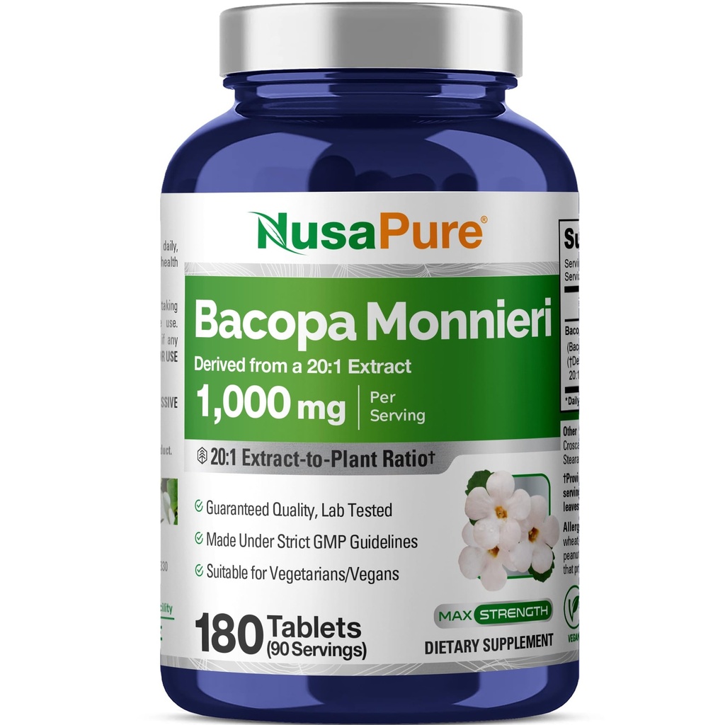 NusaPure Bacopa Leaf Monnieri Extract 20 000 mg 180 tabliet (Extract 20:1, Non-GMO, Gluten Free)