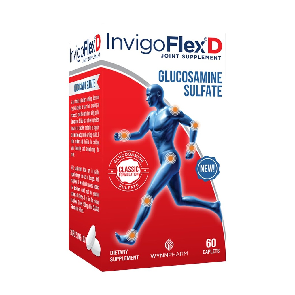 INVIGOFLEX® D - 1500 mg glukozamín sulfátu (klasická formulácia) - Premium Joint Supplement for Knees, Hands, Back, & Hip Support D: Glukozamín sulfát, Caplets - 60 Ct