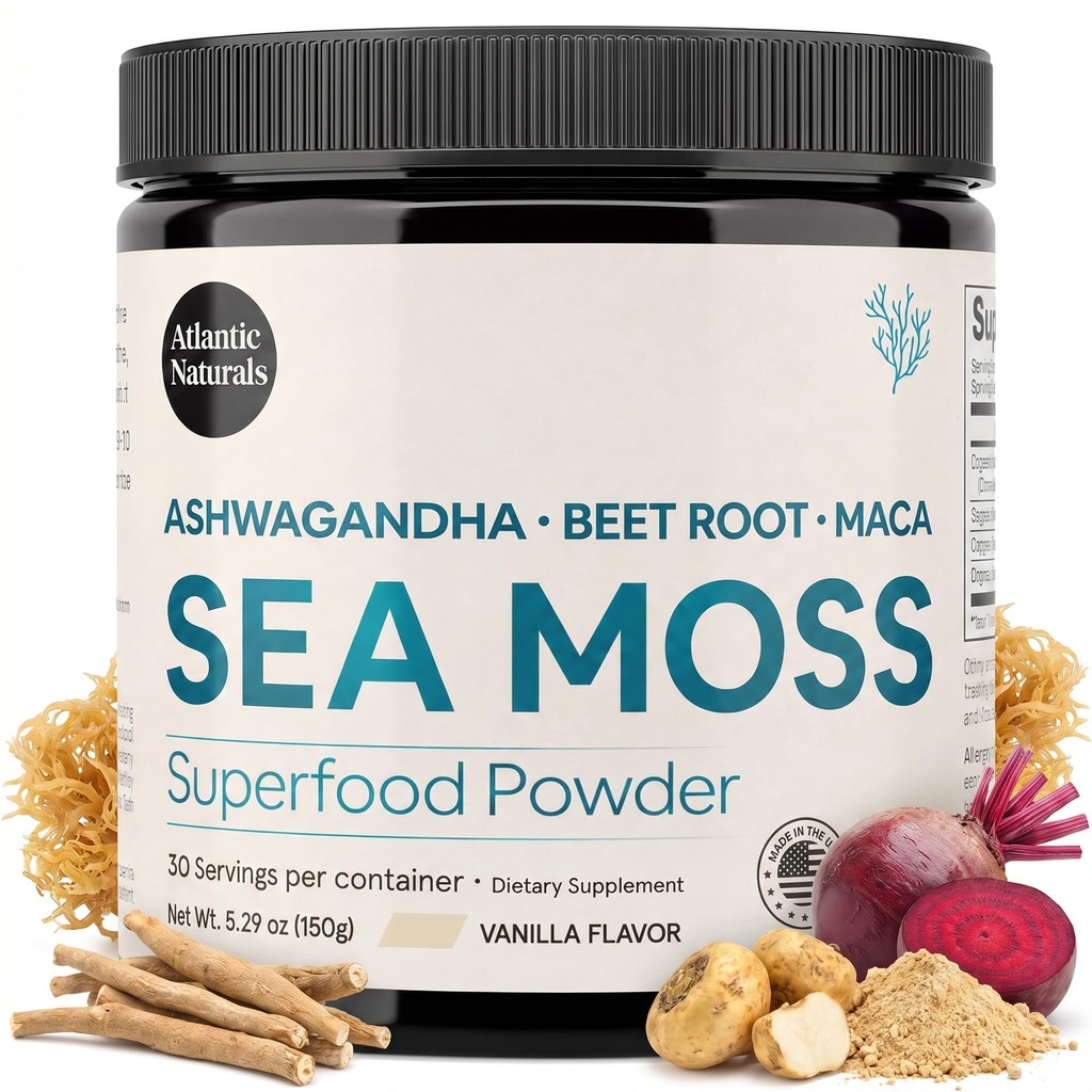 Atlantic Naturals Sea Moss Superfood Powder s Ashwagandha, Beet Root, a Maca Root - Morský Moss Powder podporuje zdravú pokožku, Atletický výkon, a pozitívna nálada - Vanilla Flavor (150g)