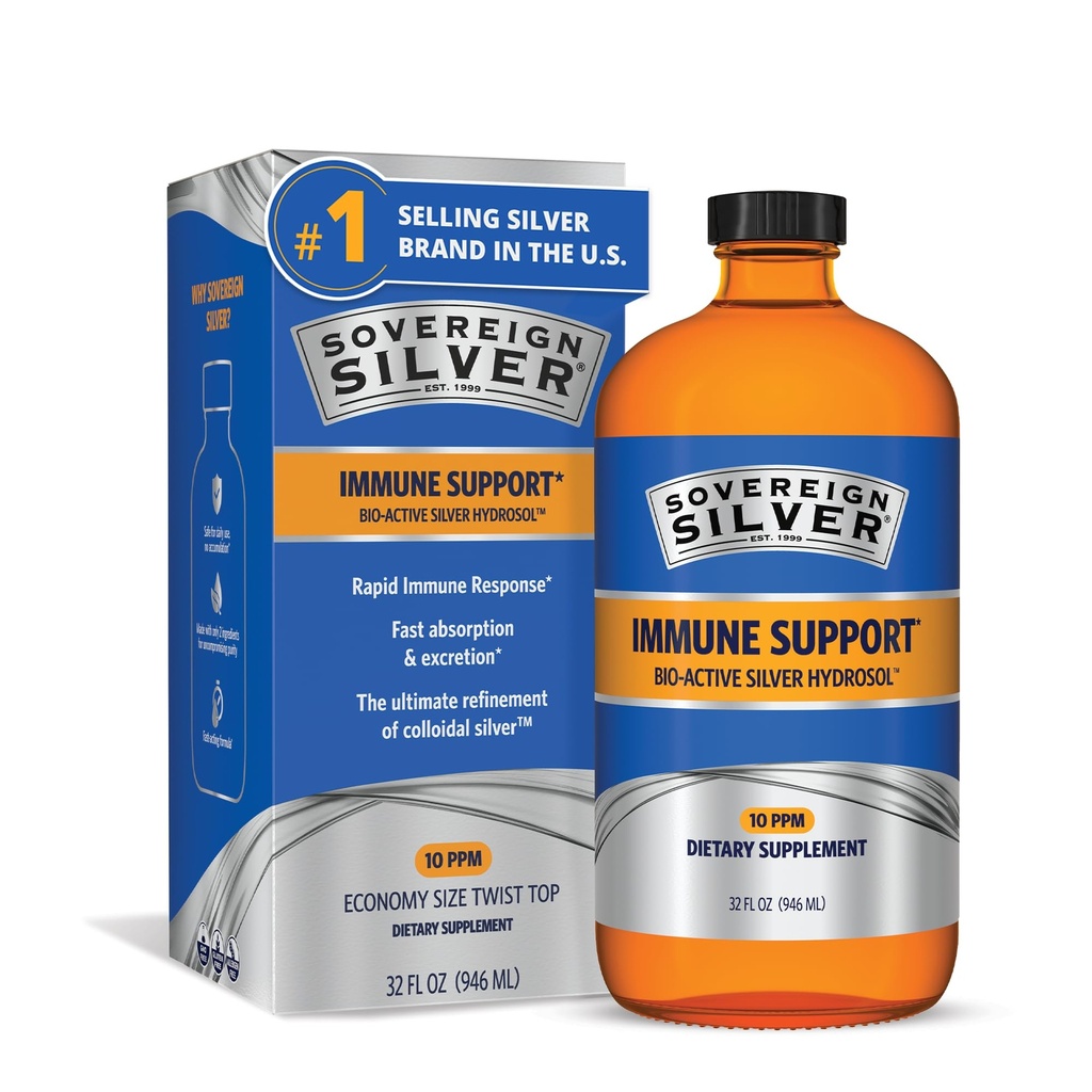 Sovereign Silver Immune Support - Koloidné striebro, Bio-Active Silver Hydrosol, 10 ppm, Liquid Twist Top, 32 Fl Oz, (946 ml)