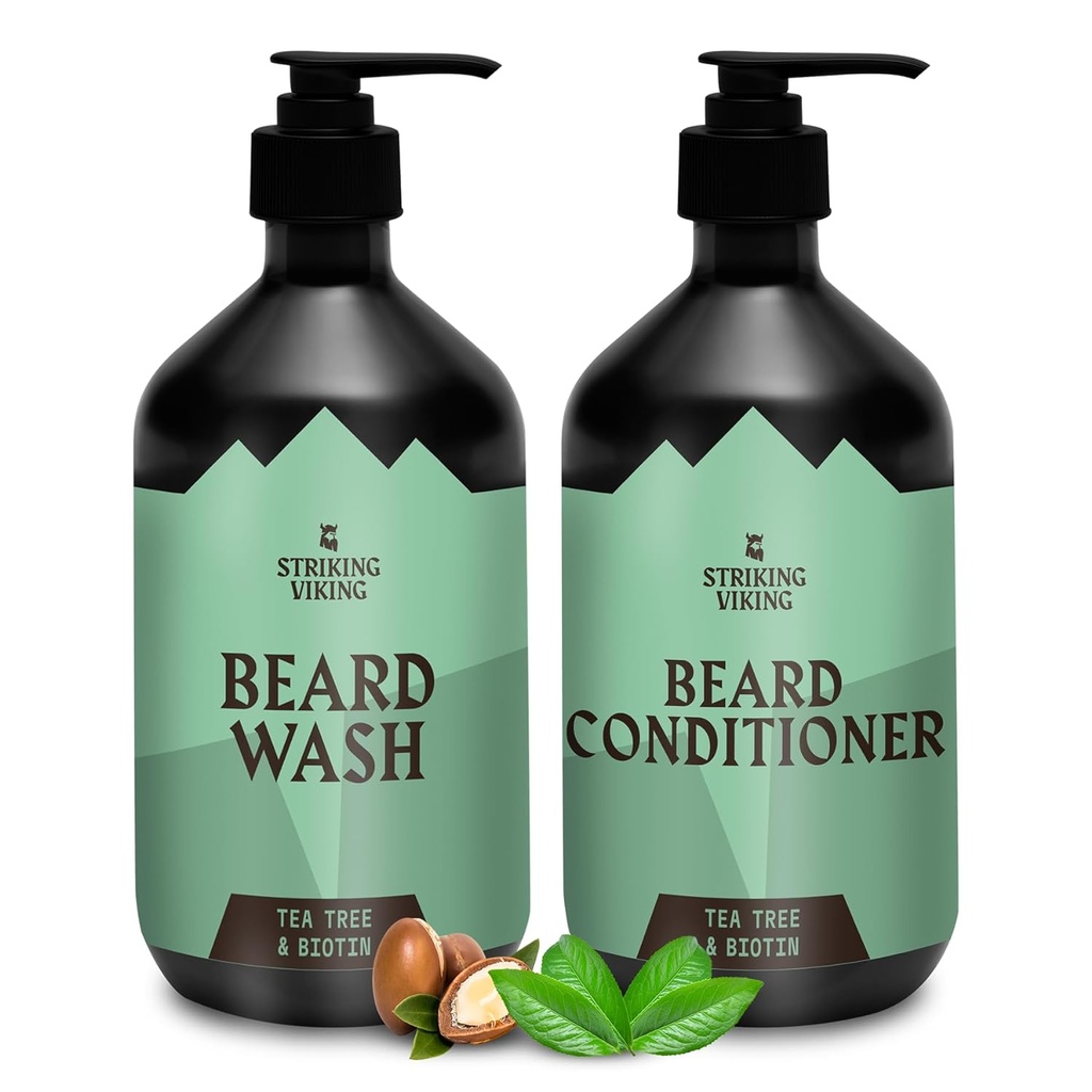 Striking Viking Beard Wash and Conditioner (Tea Tree & Biotin) - Paraben & Sulfate Free Cleaning Care for All Brad Types (10oz na fľašu)