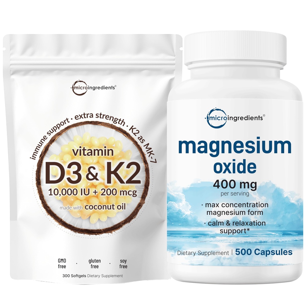 Micro Ingrediencie Vitamín D3 10 000iu + K2 200mcg Kokosový olej Softgels a oxid horečnatý 400mg Bundle Pack 