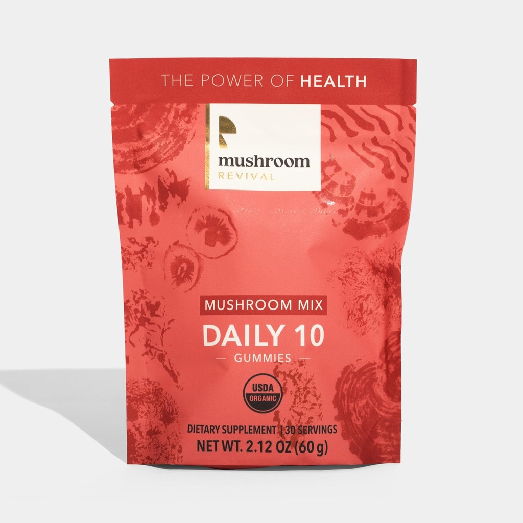 Mushroom Revival, Organic, Daily 10 Hubové zmesi Gumies, 2.12 Ounces, Non-GMO, Vegan, Gluten Free, Keto, Dairy Free