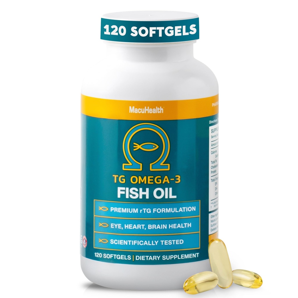 Macuhealth Omega 3 Fish Oil - 1100mg DHA, 1100mg EPA, Eye & Brain Health Supplement, Triglycerid Formula, 120 Softgels