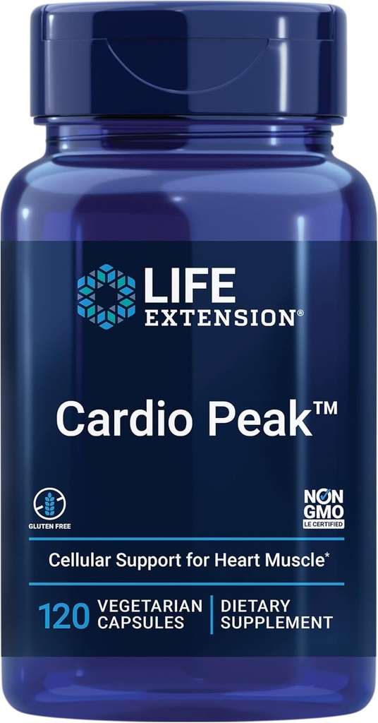 Life Extension Cardio Peak - Hawthorn Extract (Leaf, Flower, Stem) Supplement with Arjuna Extract for Heart Health Support - Dvakrát denne - Gluten Free, Non-GMO, Vegetarian - 120 Kapsule