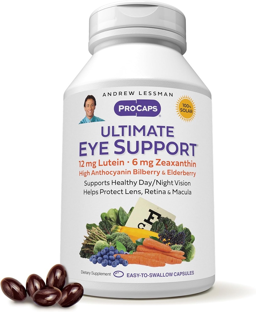 ANDREW LESSMAN Ultimate Eye Support 360 Softgels - 12mg lutein, 6mg Zeaxantin, čučoriedka, kľúč Nutrients na podporu zdravia očí a podporu zdravého videnia. Žiadne prídavné látky. Ľahko prehĺtať softgely
