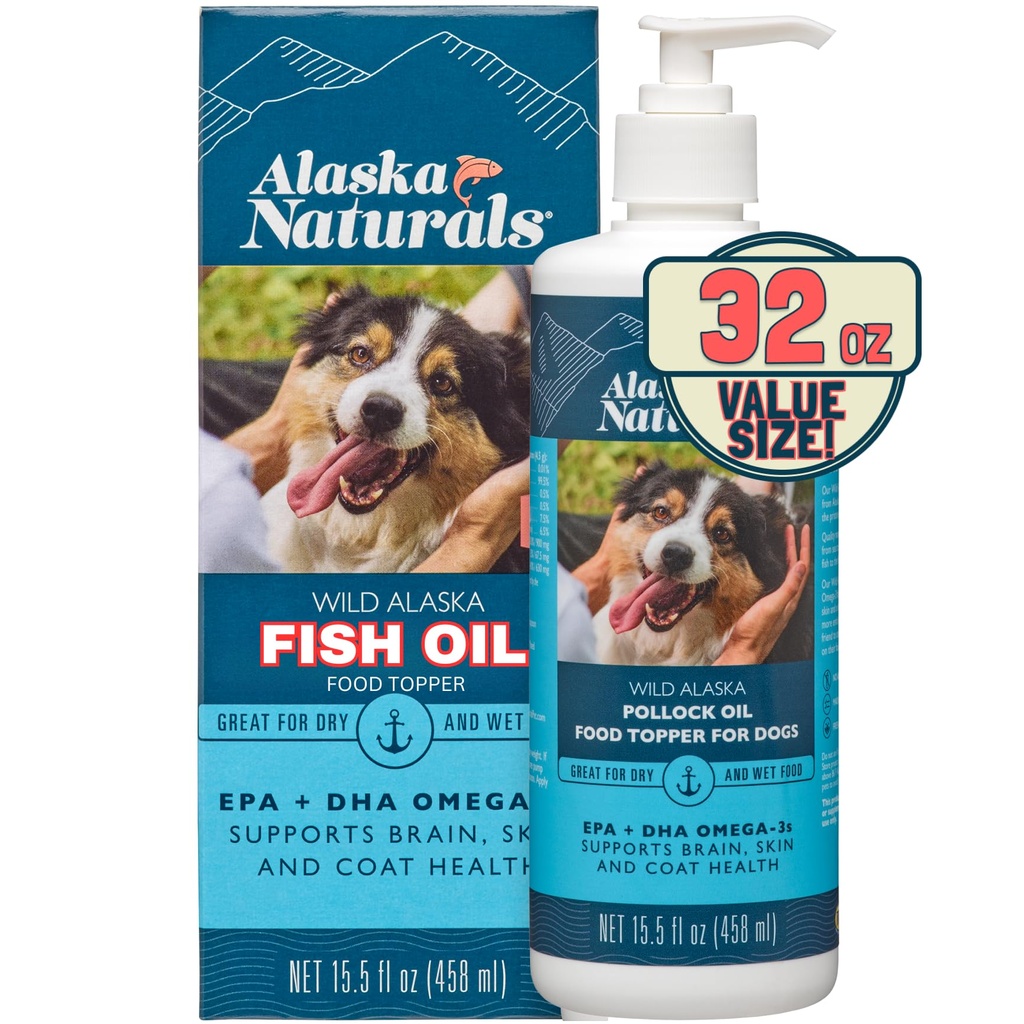 Aljaška Naturals Wild Aljašský rybí olej Supplement for Dogs Skin and Coat with EPA DHA Omega 3 Mastné kyseliny Udržateľné Tekuté potraviny Topper 32 oz. Čerpadlo