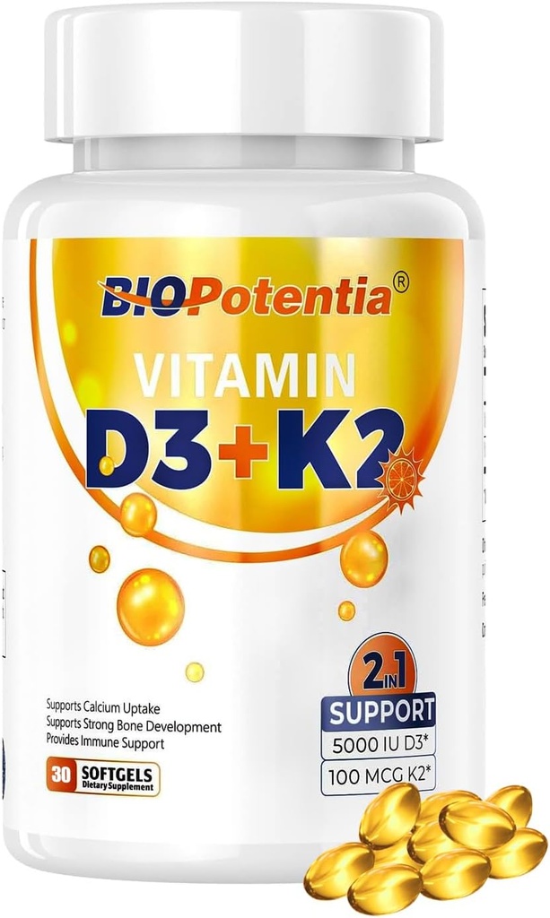 Vitamín D3 K2 s MCT olejom, vitamín D3 5000 IU & K2 100MCG (MK7), podporuje imunitné zdravie, zdravie kostí a zubov - bezgluténové non-GMO - 30 softgelov