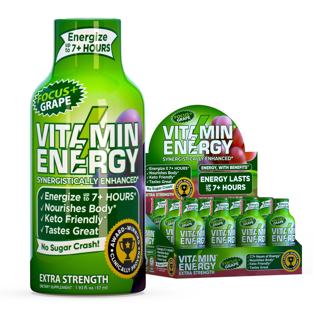 Vitamín Energy Focus+ Extra Strength Energy Shot Grape 12 Pack, 260mg Natural Caffeine, B-Vitamins, CoQ10, Amino Acides, Focus, Produktivita a jasnosť, Zero Cukor, Gluten-Free, 1,93 fl oz