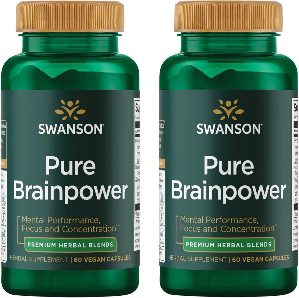 Swanson Pure Brainpower Brain Health Cognitive Memory Focus Support Neurotrofic Factor (CDNF) Herbal Supplement (Ginkgo Biloba, Bacopa Monnieri) 60 Veggie Capsules (Veggie Caps) (2 balenia)
